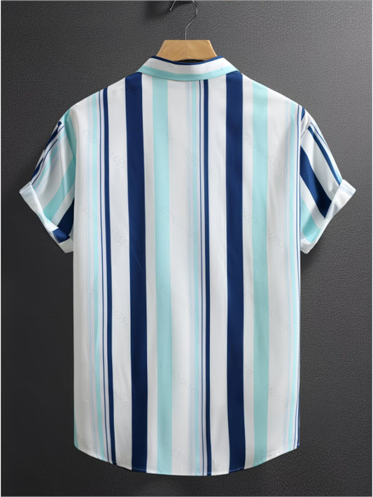 Shirtrix Premium Striped Half Sleeve Casual Shirt for Men Blue Aqua White Stylish Breathable Summer Shirt XS to 6XL