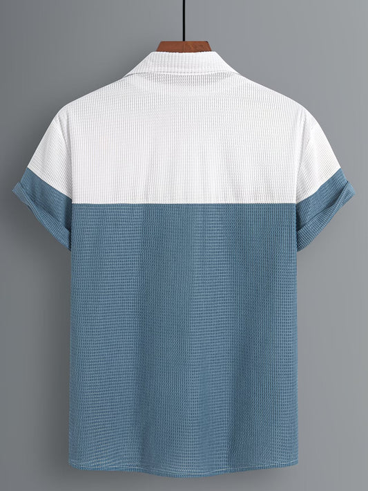 Shirtrix Premium Textured Color Block Half Sleeve Casual Shirt for Men Blue White Summer Stylish Breathable Shirt
