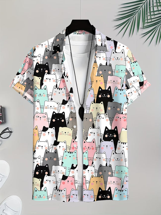 Shirtrix Premium Cute Cat Print Half Sleeve Casual Shirt for Men Stylish Fun Summer Shirt XS to 6XL