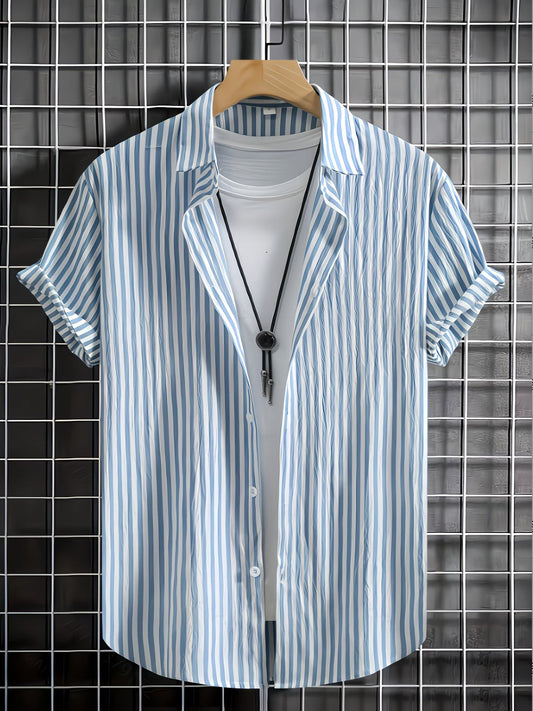 Shirtrix Premium Blue White Vertical Stripe Half Sleeve Casual Shirt for Men Stylish Summer Shirt XS to 6XL