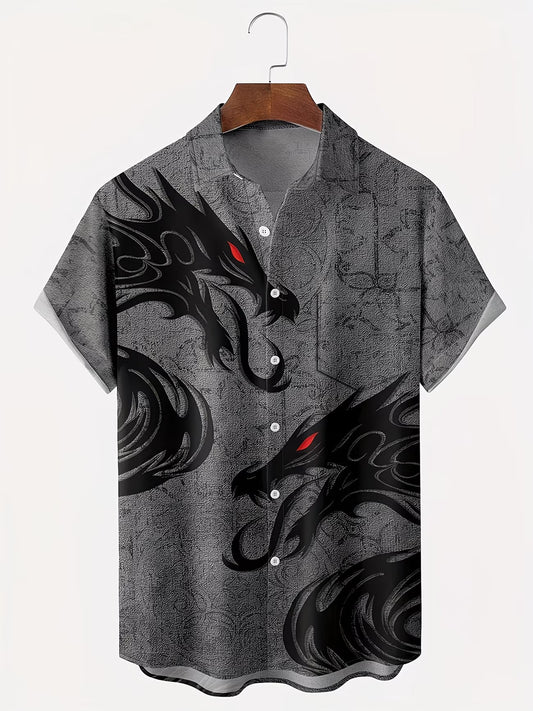Shirtrix Premium Dragon Print Half Sleeve Casual Shirt for Men Grey Black Stylish Graphic Breathable Summer Shirt XS to 6XL