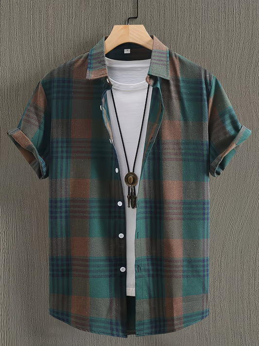 Shirtrix Premium Checkered Half Sleeve Casual Shirt for Men Green Brown Stylish Summer Breathable Cotton Shirt
