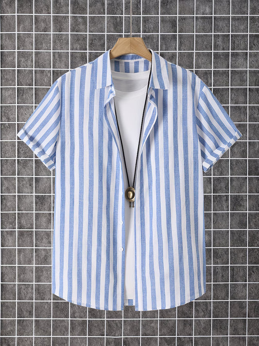 Shirtrix Premium Blue White Stripe Half Sleeve Casual Shirt for Men Stylish Summer Shirt XS to 6XL